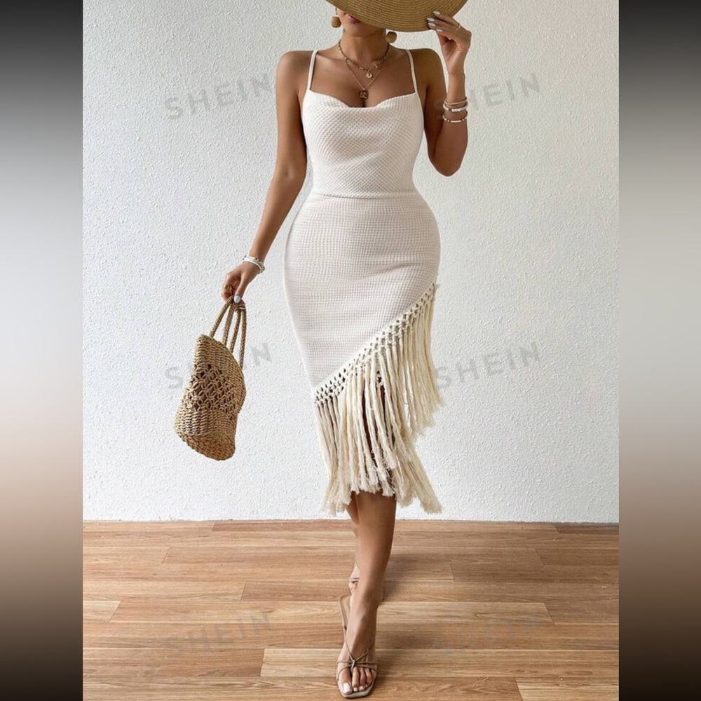SHEIN Cream Fringe Midi Dress